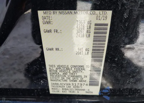 2019 Nissan Altima 2.5 Sr z USA, uszkodzony, nr VIN 1N4BL4CV1KN317974